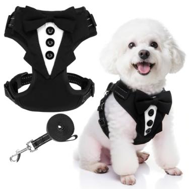 Imagem de EXPAWLORER Peitoral de smoking para cães, ajustável, sem puxão, com coleira para caminhar, macio, acolchoado, traje de casamento, fantasia com gravata borboleta para cães pequenos e médios, preto, P