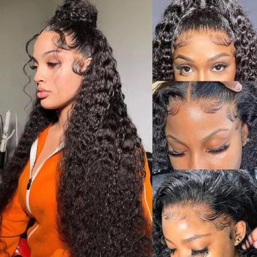 Imagem de Peruca frontal ondulada de água 33 x 15 cm cabelo humano 71 cm 200% densidade de água cacheado HD transparente peruca frontal para mulheres negras sem cola, cabelo humano pré-arrancado com cabelo de