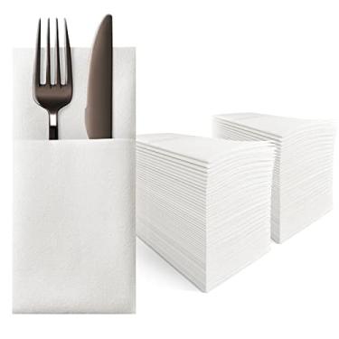 Imagem de KMAKII Pacote com 100 guardanapos de jantar de papel branco com bolso de talheres embutido, guardanapos de mão de papel descartáveis para festas, casamentos, eventos, sensação de linho, 40,6 x 40,6 cm