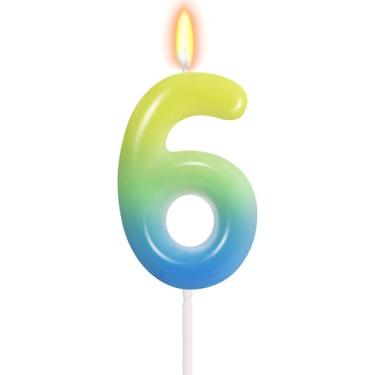 Imagem de Velas de aniversário para meninas, meninos, azul, verde, gradiente, número 6, para decoração de bolo com tema mágico, decoração de festa de aniversário de desenho animado