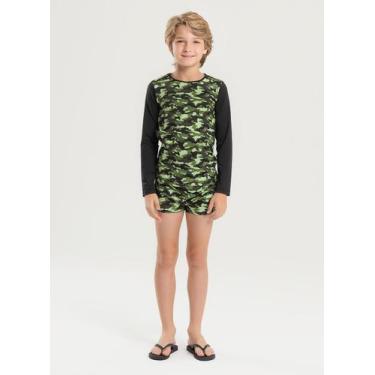 Imagem de Conjunto Praia Infantil Menino Verde Camiseta Manga Longa e Sunga Camu