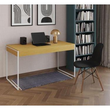 Imagem de Mesa De Escritório Industrial Canela 137X53Cm Base Ferro Branco Com 1 