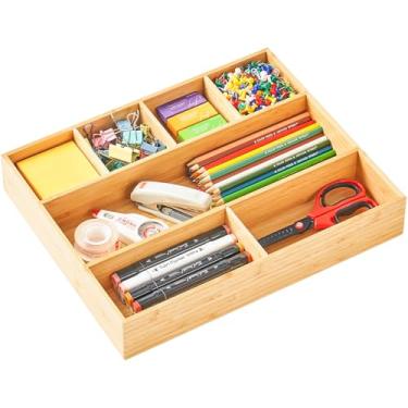 Imagem de Umilife Organizador de gaveta de mesa grande, bandeja organizadora de madeira de bambu com compartimentos ajustáveis, organizador de lixo na gaveta do banheiro do escritório, organização de