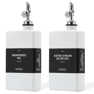 Imagem de HOMCDALY Dispensador de azeite de oliva para cozinha, garrafas de óleo branco de 350 ml com dispensador de prata, conjunto de dispensadores de óleo e vinagre, garrafa de óleo à prova de vazamento para