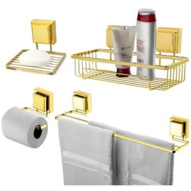 Imagem de Kit Banheiro Suporte Porta Shampoo Papel Higiênico Saboneteira Toalheiro 45cm Ventosa Dourado