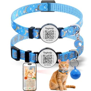 Imagem de Pacote com 2 coleiras refletoras sólidas e seguras de estrelas luas e gatinhos com etiqueta de identificação de código QR inteligente para meninas, meninos para gatos, coleira para animais de