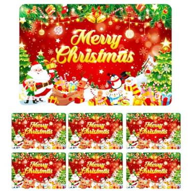 Imagem de Conjunto de 6 jogos americanos de PVC, Papai Noel, rena, boneco de neve, tapetes de mesa de jantar resistentes ao calor para Natal, jogo americano vermelho de Natal, tapetes de mesa para sala de