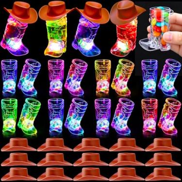 Imagem de Roshtia 54 peças mini LED Cowboy Boot Shot copos de plástico reutilizável com chapéu lembrancinha de festa ocidental para despedida de solteira (tampa marrom)