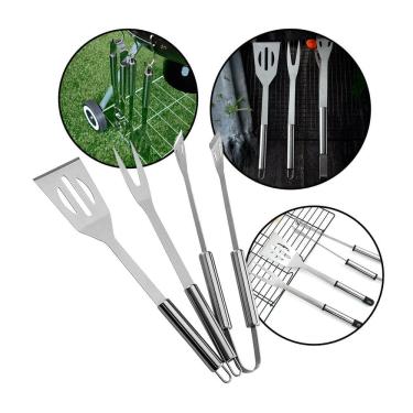 Imagem de Kit churrasco inox premium com espátula, pegador e garfo, cabos de madeira ergonômicos e resistentes para praticidade e elegância