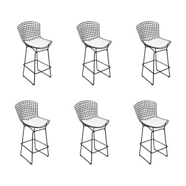 Imagem de Kit 6 Banquetas Bistrô Bertoia Preta D60 Com Assento Branco