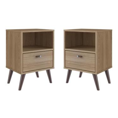 Imagem de Kit 02 Mesa De Cabeceira Nicho 39cm Com Gaveta E Pés Palito Retrô Oak