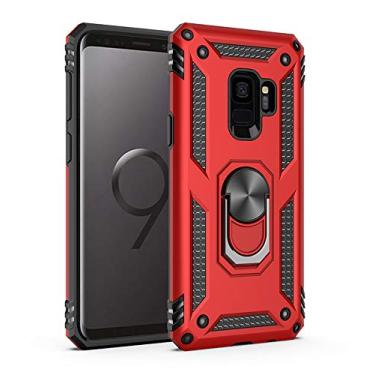 Imagem de SORAKA Capa para Samsung Galaxy S9 com suporte de anel capa protetora para Samsung Galaxy S9 capa traseira de policarbonato rígido com placa de metal para suporte magnético de telefone carro vermelho