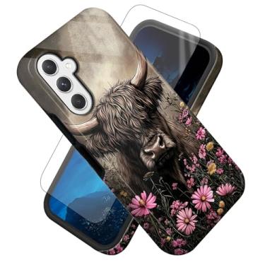 Imagem de FUYOCWE Capa para celular Samsung Galaxy S25, capa de vaca Highland em flores rosa com impressão lateral, protetor de tela + capa híbrida fina de camada dupla macia interna e rígida para Samsung