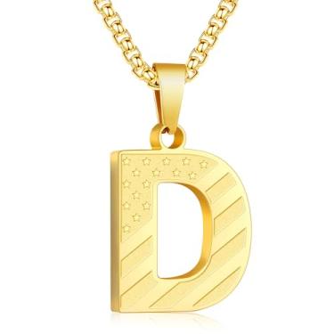 Imagem de Zocomi Colar com pingente de inicial da bandeira americana para homens e meninos, corrente de aço inoxidável 316L A-Z caixa de letras 50 + 5 cm joias presentes, Aço inoxidável, Sem Pedra Preciosa