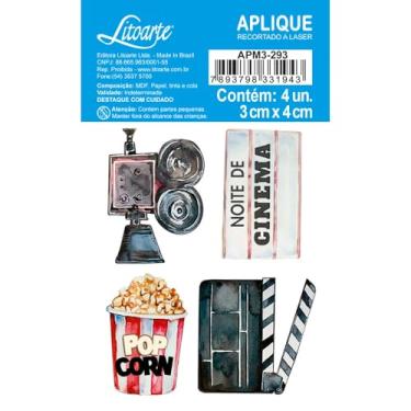 Imagem de Aplique Litoarte APM3-293 3cm Cinema Aquelera Câmera e Pipoca 4 peças