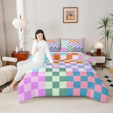 Imagem de Manfei Conjunto de edredom quadriculado, quadriculado colorido, abstrato, para quarto de crianças e adolescentes, xadrez geométrico, conjunto de colcha simples, multicolorido, 2 peças com 1 fronha