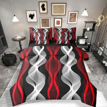 Imagem de Jogo de cama Queen geométrico, tamanho Queen, vermelho, prata, listrado, ondas, para adultos, mulheres, homens, decoração de quarto estética, roupa de cama geométrica, arte abstrata moderna