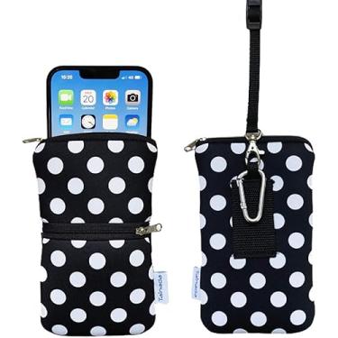 Imagem de Tainada Bolsa masculina de neoprene para telefone com zíper à prova de choque com mosquetão, cordão para pescoço, coldre para cinto para iPhone 11 Pro Max, XR, Samsung Note 10 +, S20, Black White Polka Dots