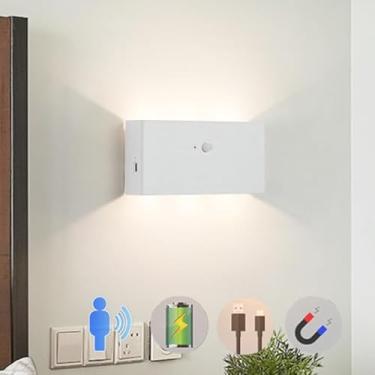 Imagem de Luminária de parede LED recarregável operada por bateria com sensor de movimento para cima e para baixo, luminária de parede de alumínio acrílico, moderna luminária magnética de parede para