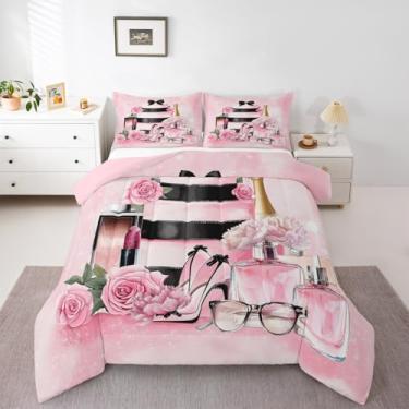 Imagem de Erosebridal Jogo de cama feminino moderno, luxuoso, tamanho casal, floral, rosa, salto alto e perfume, boêmio, coquete, moderno, elegante, estético, enchimento de edredom, rosa e preto