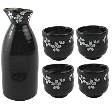 Imagem de JOEUQK Conjunto de saquê, 5 peças, durável, cerâmica, conjunto de saquê com 1 garrafa de saquê e 4 copos de saquê para saquê quente ou frio em casa ou restaurante, preto