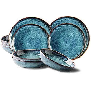 Imagem de Conjunto de 14 peças de louça, conjunto de jantar de cerâmica, conjunto de pratos da série céu estrelado, combinação completa de porcelana, pratos de jantar de estilo nórdico criativo, micro-ondas e D