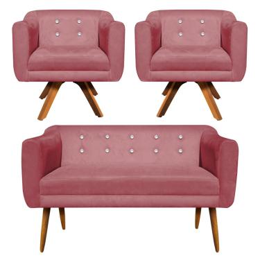 Imagem de Kit 01 Namoradeira 02 Lugares e 02 Poltronas Giratória Julia Suede Rose com Strass Base Madeira MM30 D'Rossi