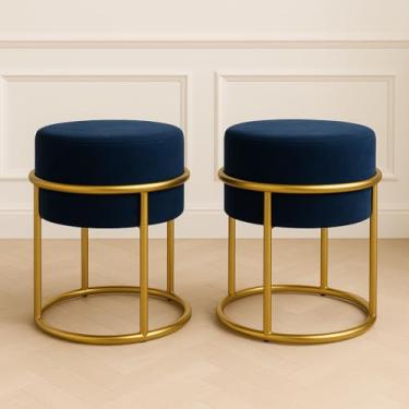 Imagem de Kit 2 Puff Base Ferro Dourada Veludo Premium (Azul)