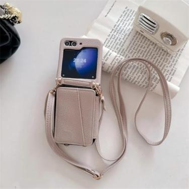 Imagem de Capa para Galaxy Z Flip6, carteira transversal com zíper e porta-cartões, capa de couro (para Galaxy Z Flip6/cáqui)