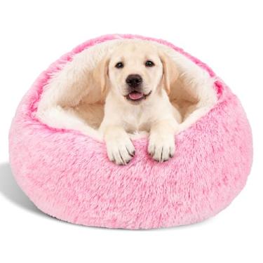 Imagem de MADDEMCUTE Cama calmante para cães e cavernas para gatos com capa com capuz, camas redondas laváveis removíveis para animais de estimação pequenos e médios, cama antiderrapante de pelo sintético para melhorar o sono, cabe até 15/11 kg (rosa, M)