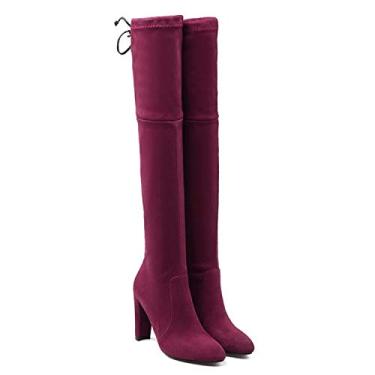 Imagem de Bigfanshu Botas femininas botas de inverno grossas com salto alto elástico ponta de fogão tamanho 33-44 acima do joelho, Vinho tinto, 38 M EU