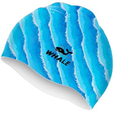 Imagem de Touca de natação de silicone - impermeável antiderrapante de alta elasticidade - mantém o cabelo seco, perfeita para homens e mulheres, touca de natação grande (azul onda)