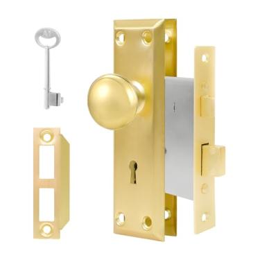 Imagem de Maçaneta de porta vintage com trava para portas interiores ouro polido, conjunto de fechadura de encaixe de latão antigo, 2 unidades, banheiro e quarto antiquados com chave de esqueleto para portas de