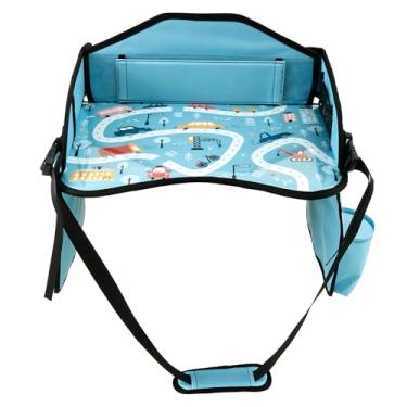 Imagem de KHZSPP Bandeja de assento de carro para crianças, mesa de colo com armazenamento, possui uma alça de transporte e design dobrável, bandeja de mesa para atividades de viagem, acessórios de viagem de