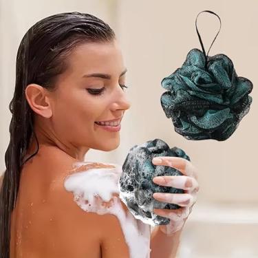 Imagem de 1 esponja esfoliante de banho, esponja macia com bola de chuveiro e almofada de malha, para família e amigos, preto e verde