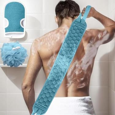 Imagem de Conjunto de 3 esfregões corporais esfoliantes, esfoliantes corporais, esfregão de costas, luva de banho e esponja de chuveiro para chuveiro, esfregões esfoliantes para homens e mulheres (azul)