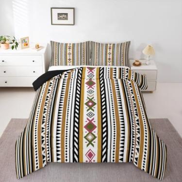 Imagem de Feelyou Conjunto de edredom boêmio, tamanho Queen, com estampa geométrica, para crianças, meninos, meninas, sudoeste, nativo americano, edredom com arte moderna, design listrado, 3 peças com 2 fronhas
