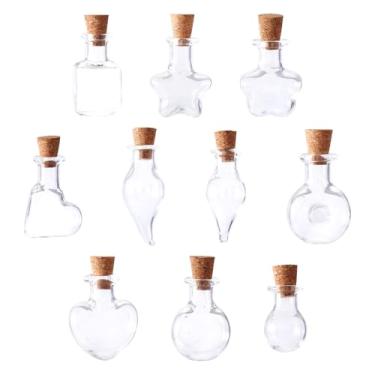Imagem de 10 frascos de vidro de forma mista, frascos de desejos, estrela coração, retangular, forma de lágrima, mini garrafas de vidro transparente com rolhas de cortiça para bricolage, artesanato, presentes