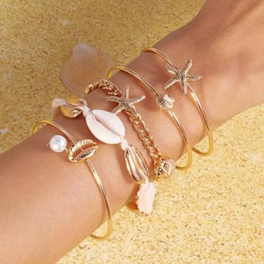 Imagem de 5 pulseiras com design de estrela, joias de pulso de argila de polímero boêmio, conjunto de pulseiras artesanais de contas de sementes, pulseira de praia costeira ajustável (ouro)