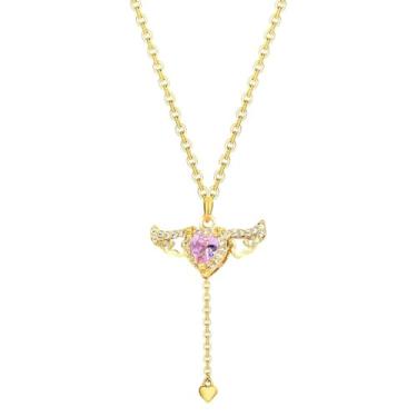 Imagem de Colar feminino com pingente de coração de asa de anjo com pingente de cristal rosa com asas giratórias, joias modernas, presentes, One Size, Metal, Sem Pedra Preciosa