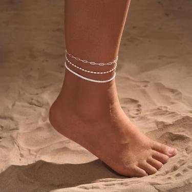 Imagem de Tornozeleiras femininas à prova d'água de ouro/prata 14K, elos cubanos, conjunto de tornozeleiras em camadas com contas de coração e strass para presente, Medium, Latão, Sem Pedra Preciosa