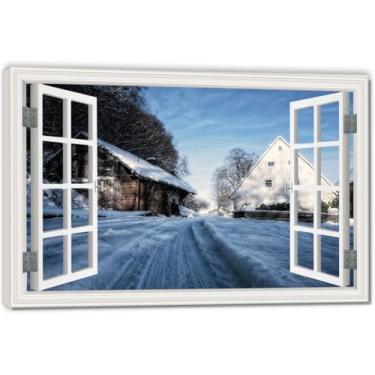 Imagem de Snowy Roads In The VillageImpressão artística em tela de ilusão de janela falsa, arte de parede com vista panorâmica real para sala de estar 20 x 30 cm emoldurada