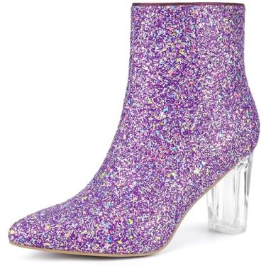 Imagem de Allegra K Botas femininas de cano curto com glitter e salto bloco transparente, Roxa, 37