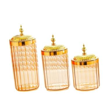 Imagem de Baoblaze Conjunto de 3 Potes para Armazenamento de Alimentos, Organizadores de Despensa e Elegantes para Cozinha, Ideal para Pimenta, Massa, Café e Outros, Pote âmbar com Tampa Dourada