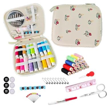 Imagem de Kit de costura portátil acessórios de suprimentos de costura contém linha, tesoura, fita métrica, passador de agulha (bege)