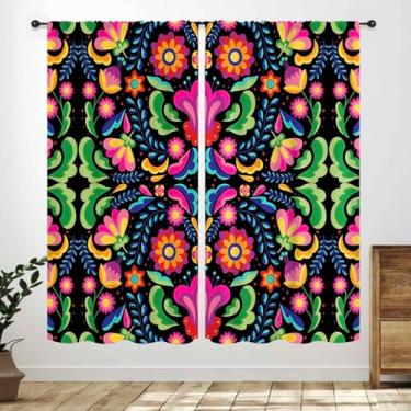 Imagem de Cortinas florais mexicanas, festa mexciana cinco de maio flores boêmias coloridas estampadas tratamento de janela para quarto, sala de estar, cozinha, banheiro, 2 painéis, 106 x 113 cm