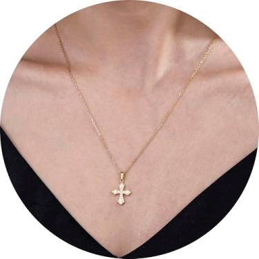 Imagem de Colar feminino com pingente de cruz de ouro banhado a aço inoxidável 18K com detalhes em zircônia, vários estilos de cruz, joia em camadas para presente, 16 Inches, Aço inoxidável, Sem Pedra Preciosa
