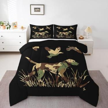 Imagem de Feelyou Jogo de cama king de caça de pato selvagem, para meninos, adolescentes, crianças, preto, cão, caçador, verde caçador, camuflagem militar, tema de casa de fazenda, edredom para decoração de