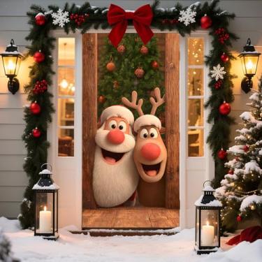 Imagem de BVBOX Capa para porta de Natal, faixa de boas-vindas para decoração de porta da frente, faixa decorativa de Natal para suprimentos de festa de inverno (rena do Papai Noel sorridente)