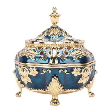 Imagem de Sanpyl Suporte para Queima de Incenso Em Cone Com Tampa, Estilo Vintage Europeu, Ornamento Esculpido Em Liga de Zinco, Suporte para Decoração de Casa, Meditação (ouro azul)